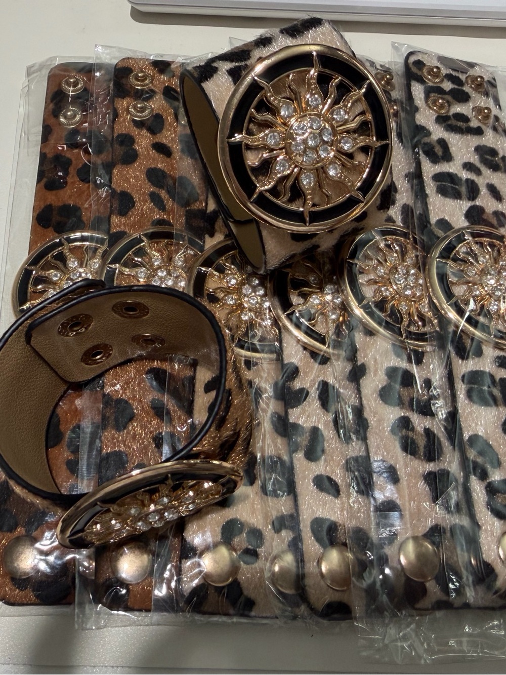 8- Leopard Print Cuff Bracelet with Gold Sunburst Medallion - Brown/Beige